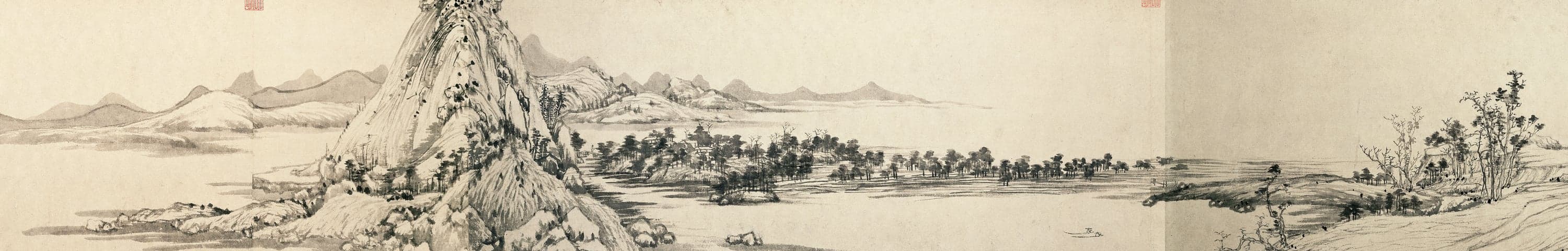 Detail of the handscroll: rounded ink hills and stands of pine along a river bank.